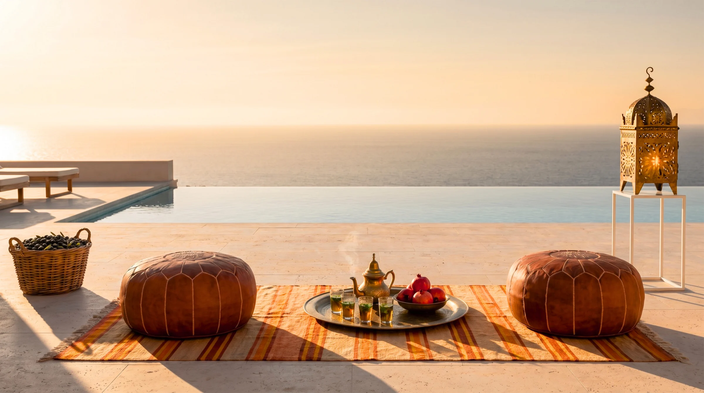 Two tobacco-leather Moroccan poufs flanking a brass tea tray on a striped Berber runner at golden hour above the Mediterranean