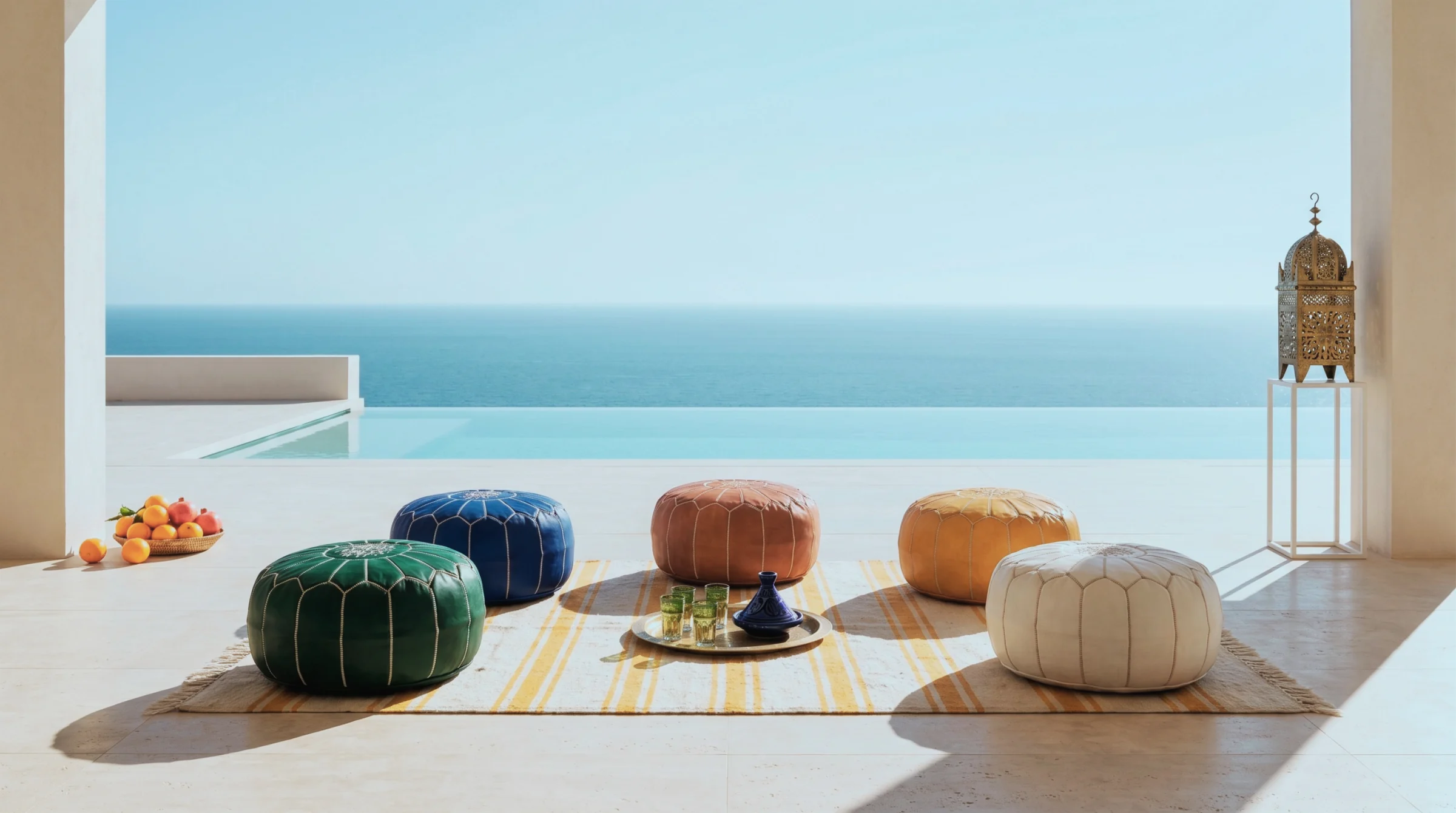 Three Moroccan leather poufs in mustard, teal and ivory grouped around a hand-painted zellige side table on a cliff-top Mediterranean terrace
