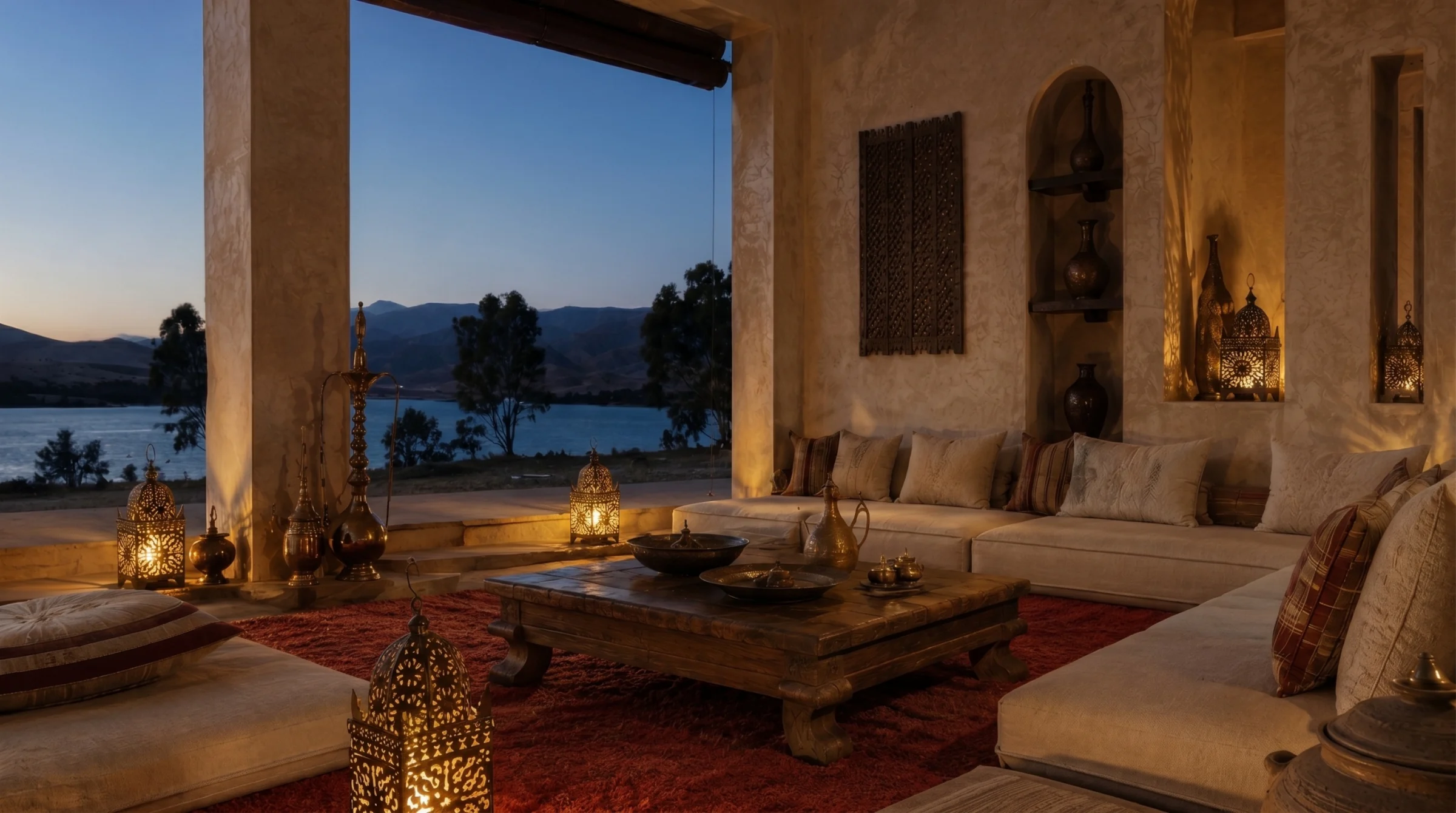 Moroccan riad salon at dusk — banquette, brass lanterns, low carved table, lake and Atlas mountains beyond