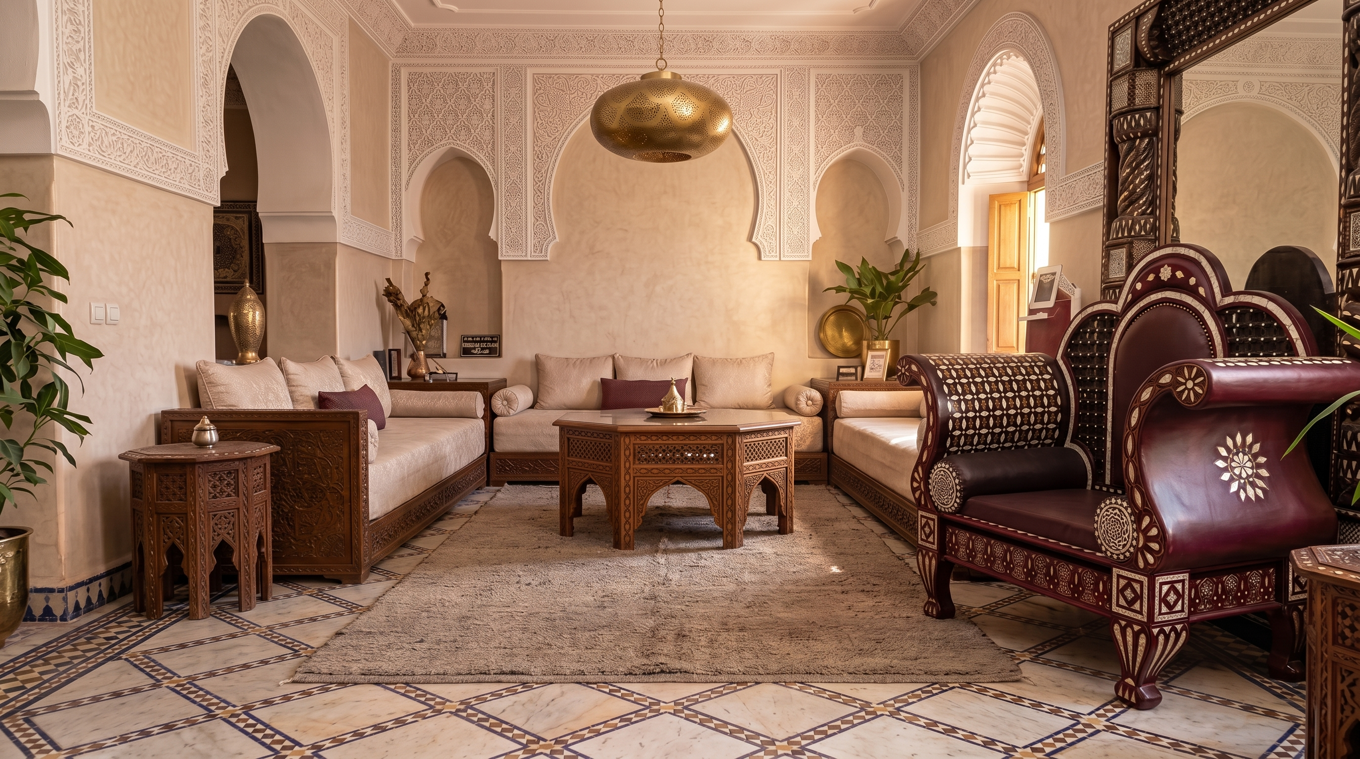 Restored Marrakech riad salon with the brand's banquette, throne chairs and brass pendant