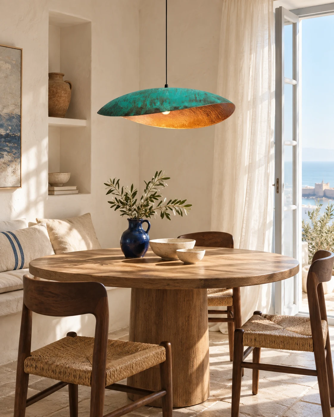 Brise d’Essaouira above a dining table beside an open coastal window — styled room visualisation