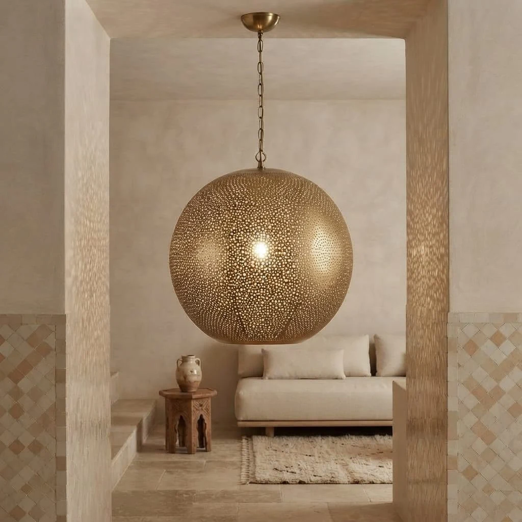 Étoile pierced brass globe pendant hanging in a pale arched room