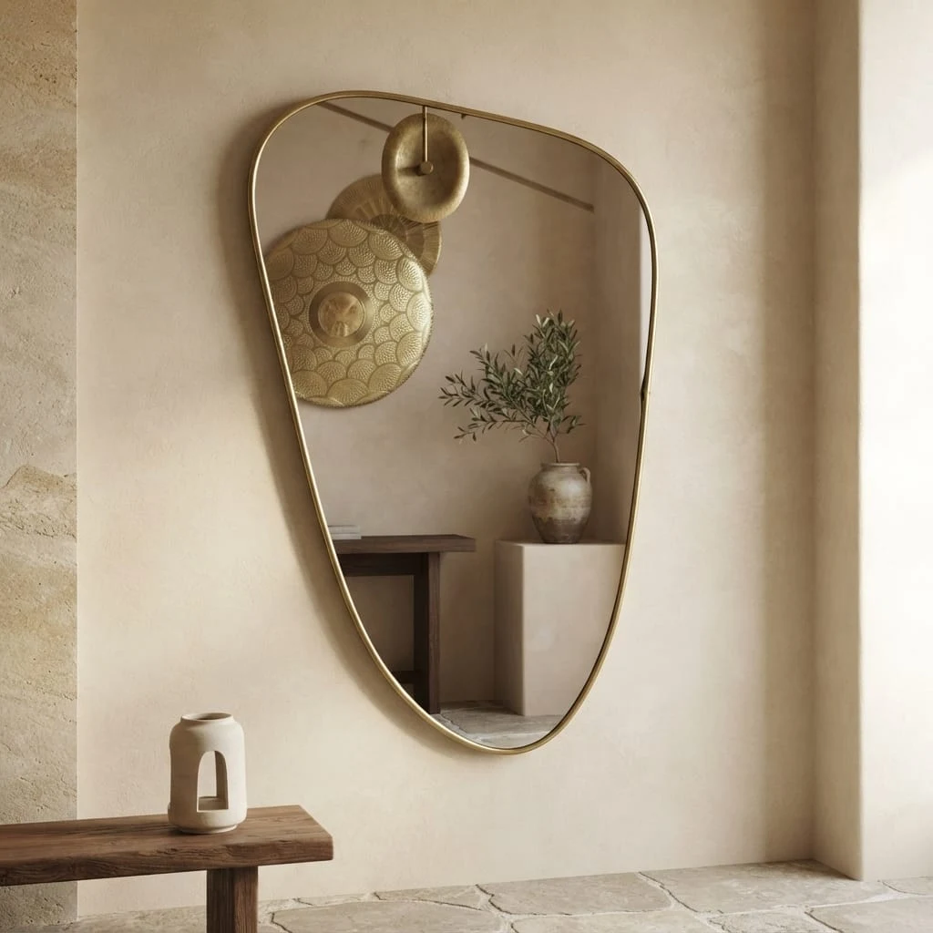 Galet organic brass mirror above a wooden bench