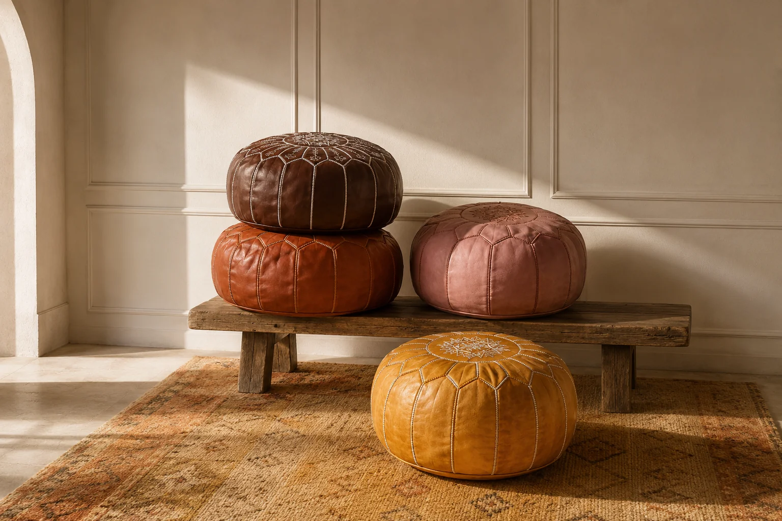 Four hand-stitched Moroccan leather poufs in chocolate, cognac, rose and saffron arranged on a raw-oak bench over a vintage Berber rug