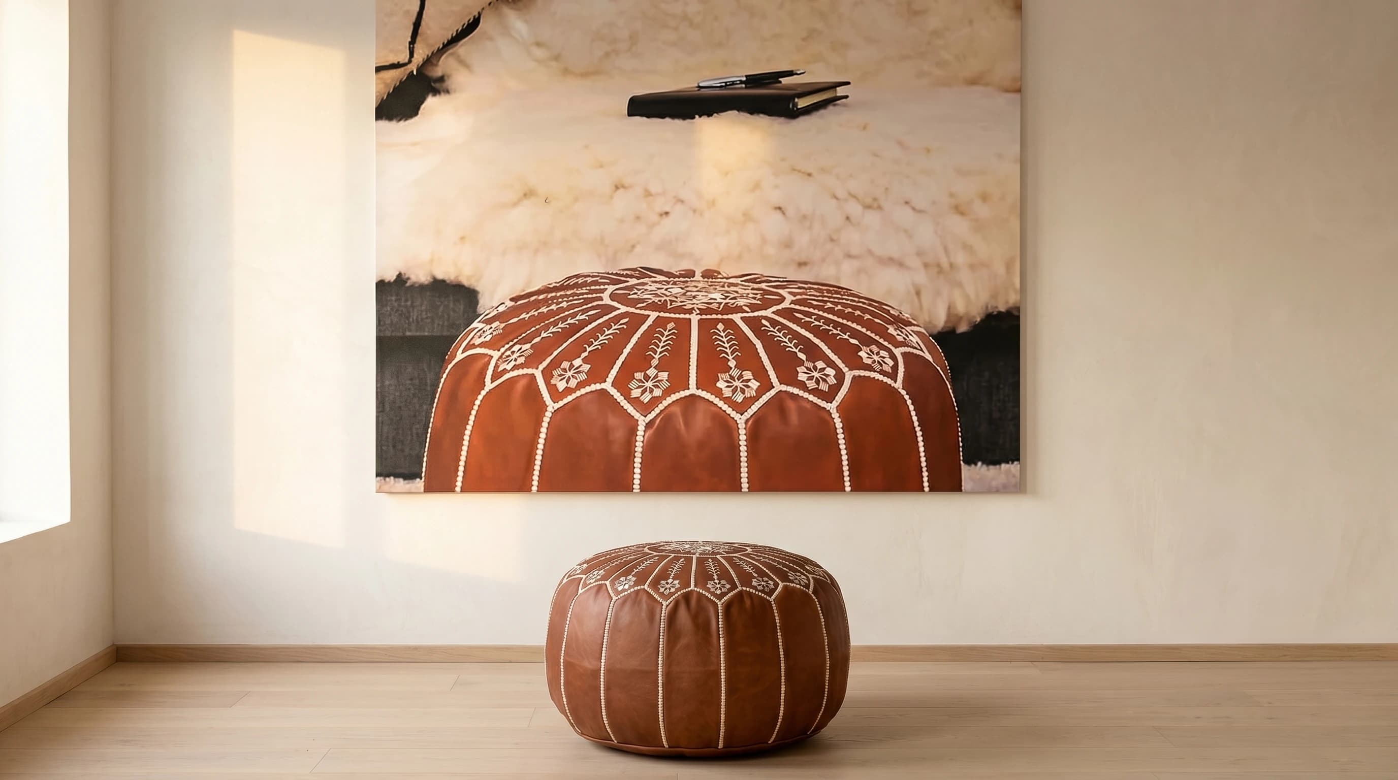 leather pouf — cognac