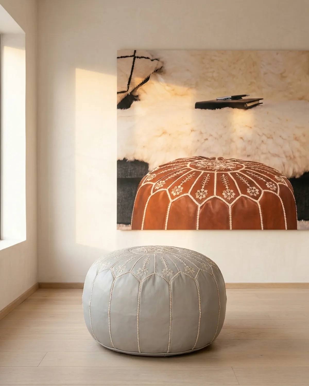 leather pouf — pearl grey